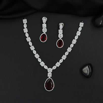Architectural elegance rhodium necklace set with geometric neckline design