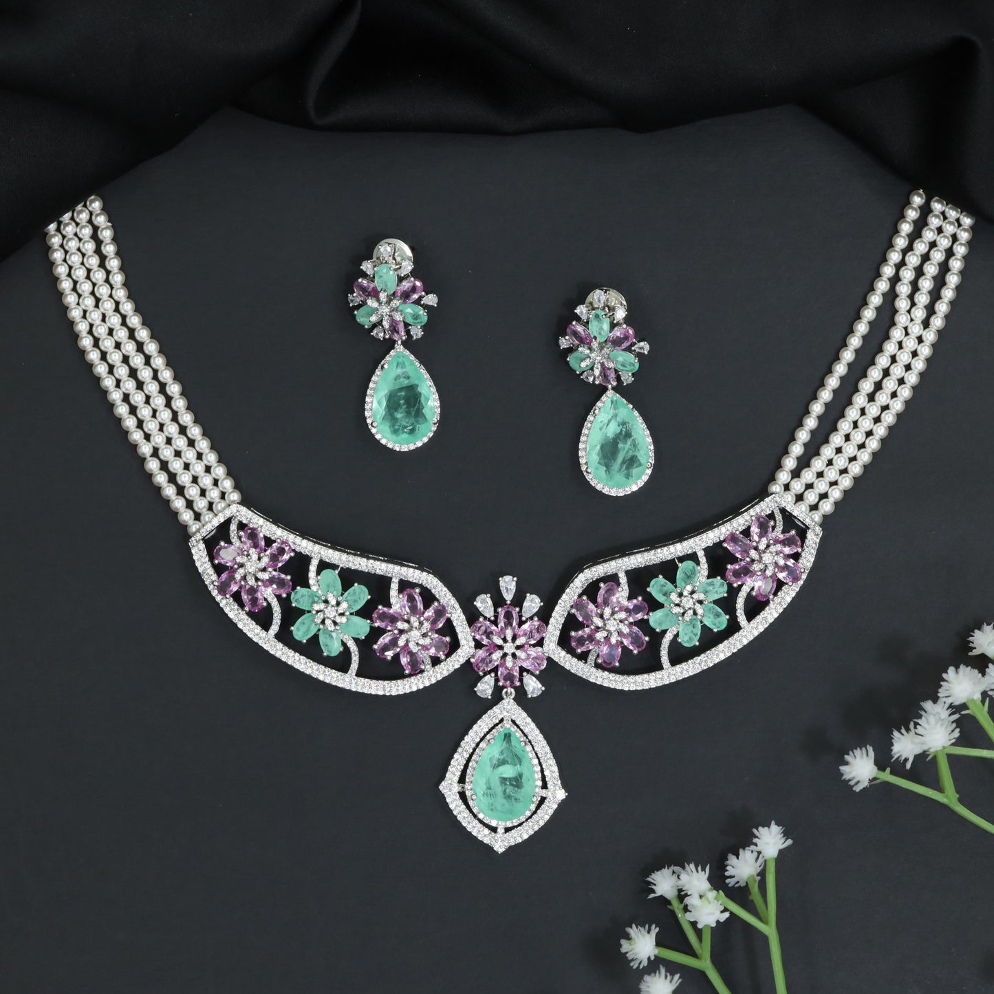 Floral Garden Rhodium Choker Set with Pear Drop Pendant