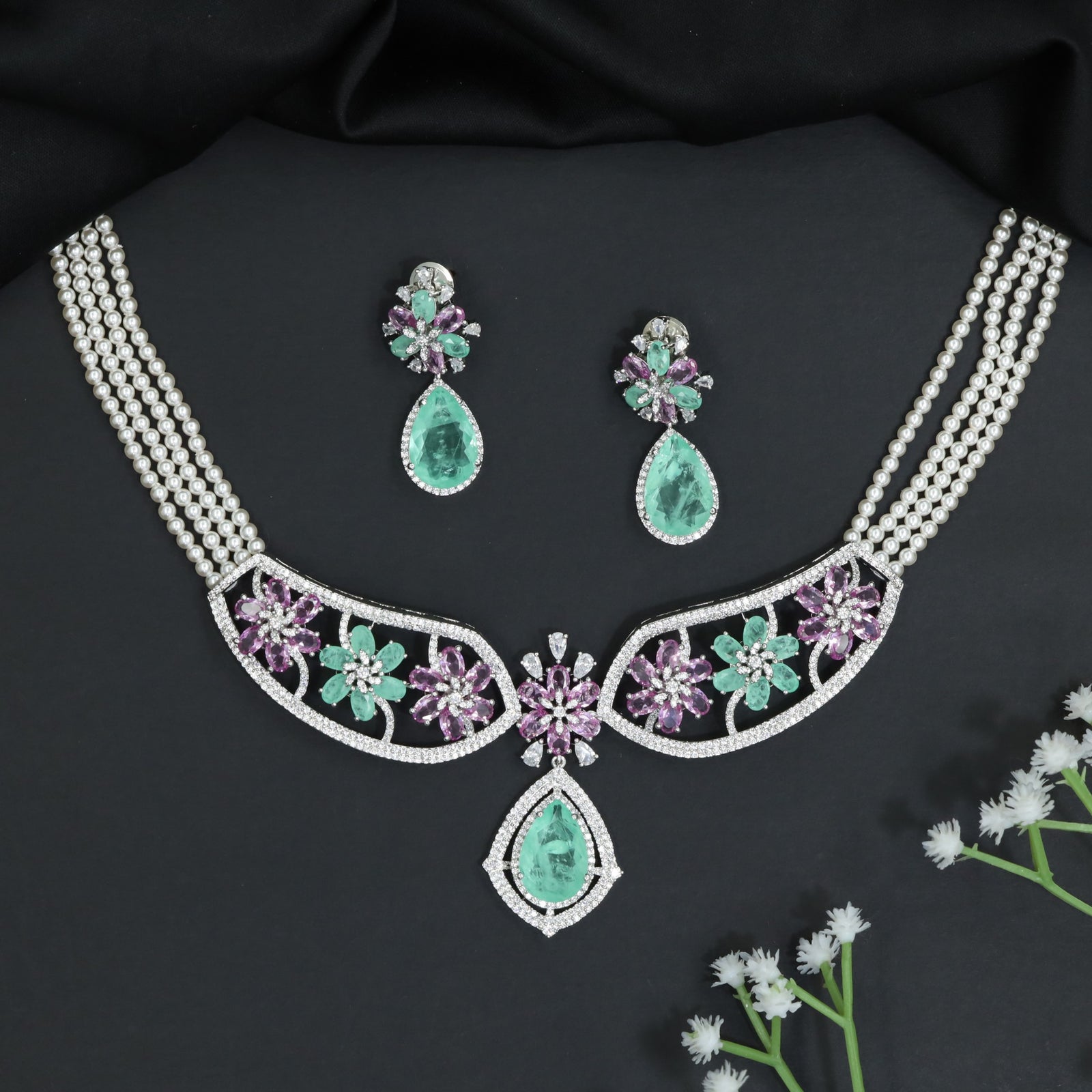 Floral Garden Rhodium Choker Set with Pear Drop Pendant
