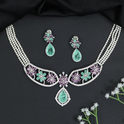 Floral Garden Rhodium Choker Set with Pear Drop Pendant