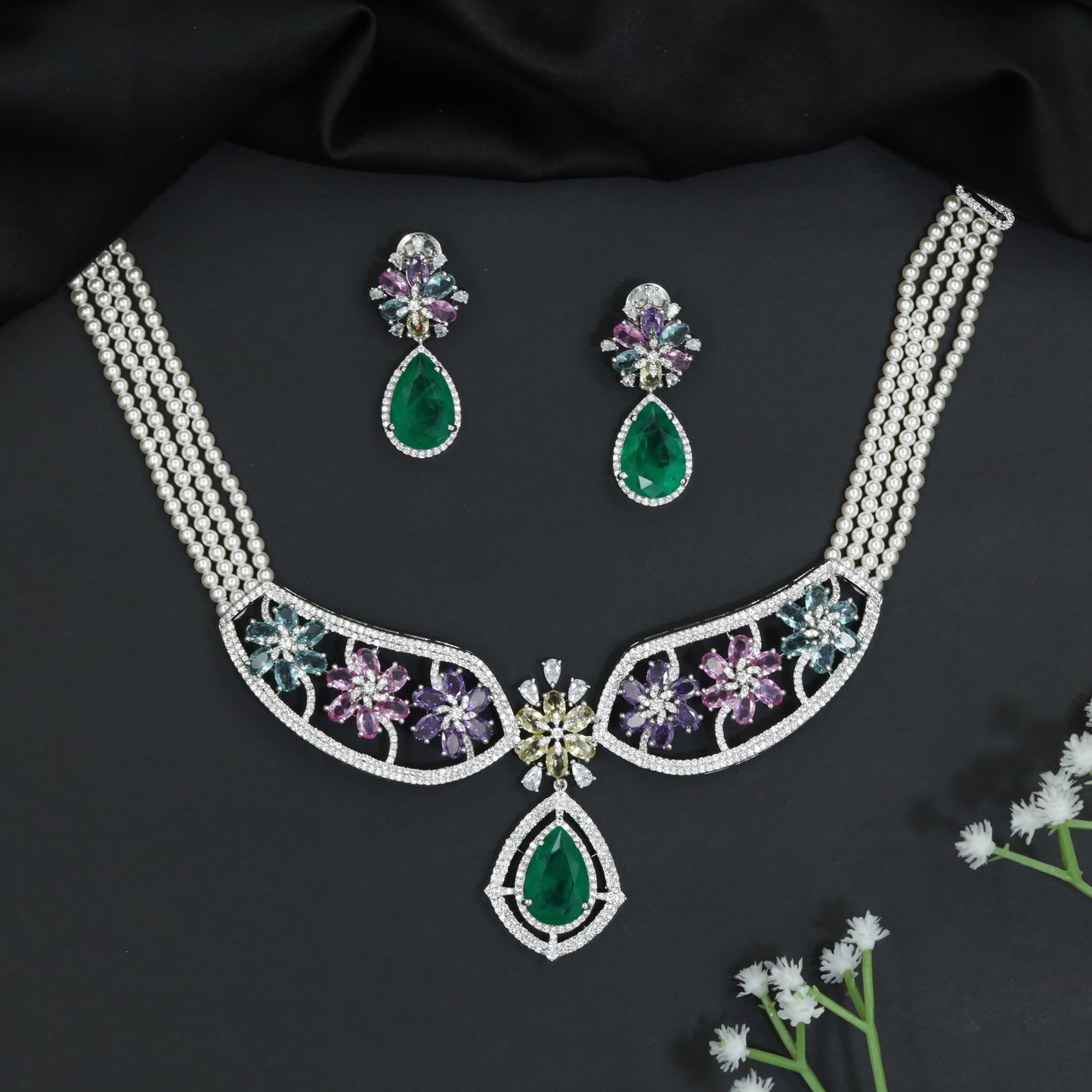 Floral Garden Rhodium Choker Set with Pear Drop Pendant