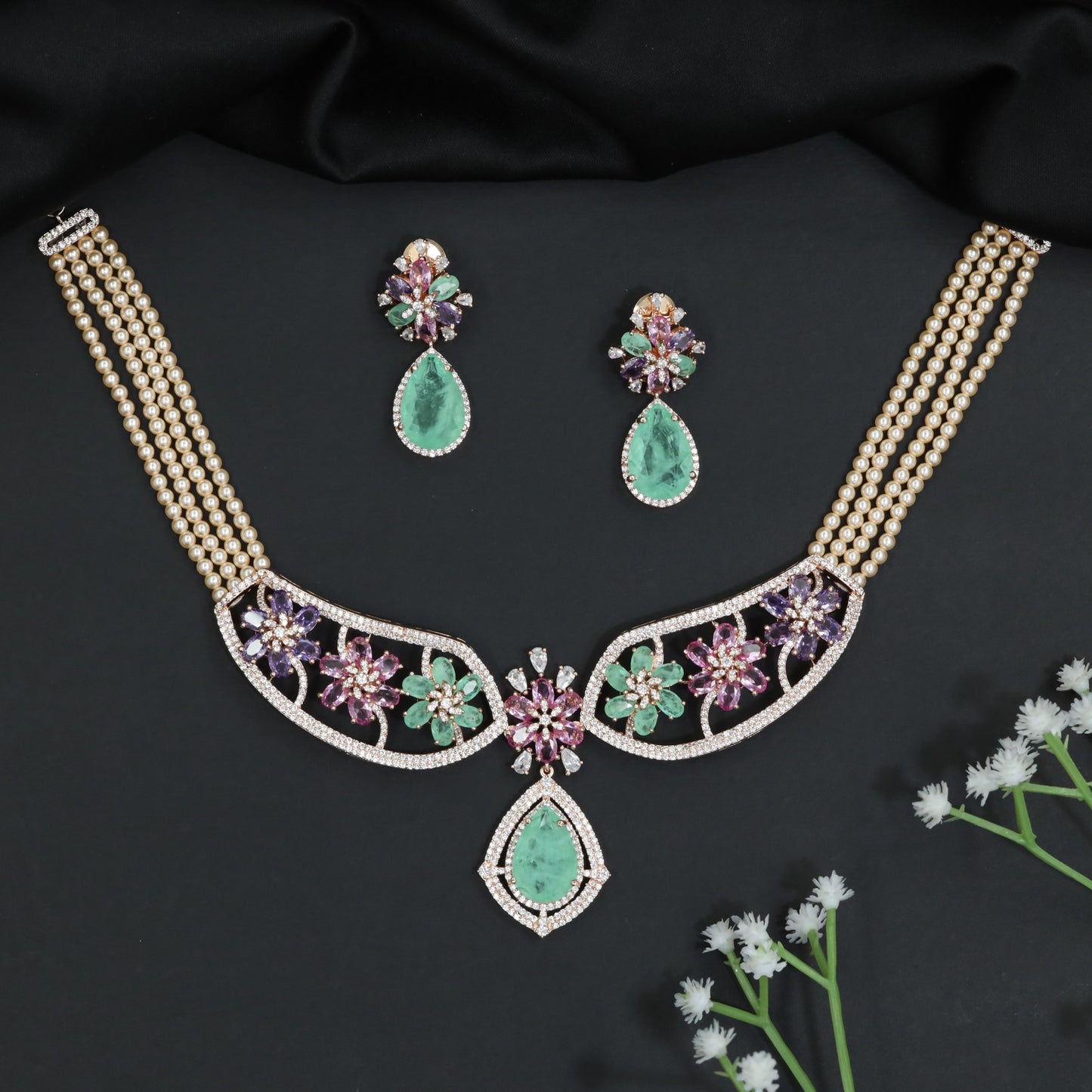 Floral Garden Rhodium Choker Set with Pear Drop Pendant