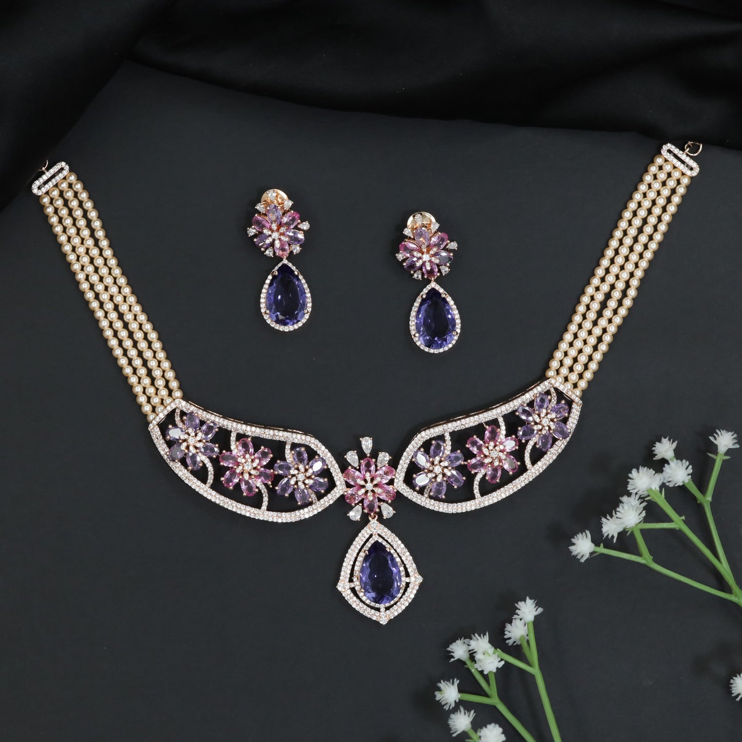 Floral Garden Rhodium Choker Set with Pear Drop Pendant