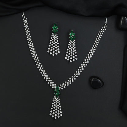 Tassel pendant rhodium necklace set with elongated drop silhouette
