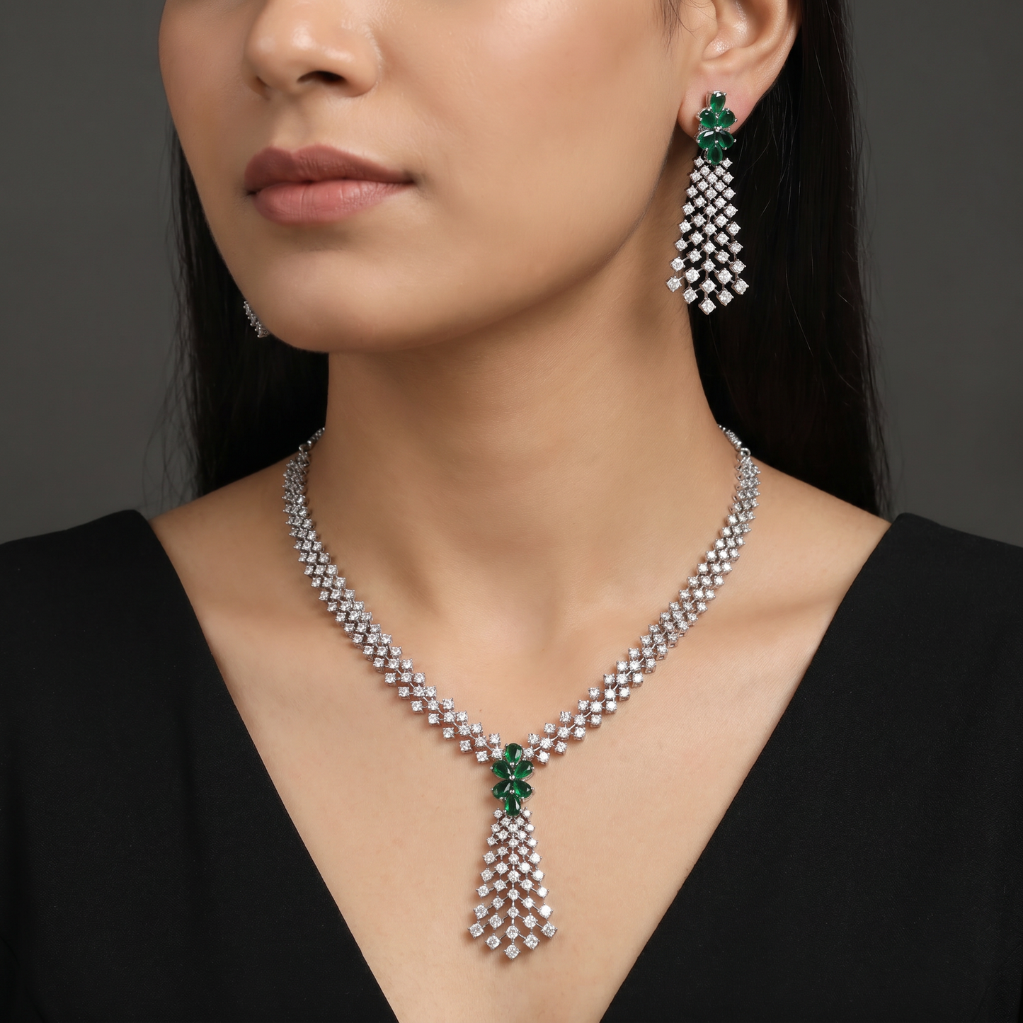 Tassel pendant rhodium necklace set with elongated drop silhouette
