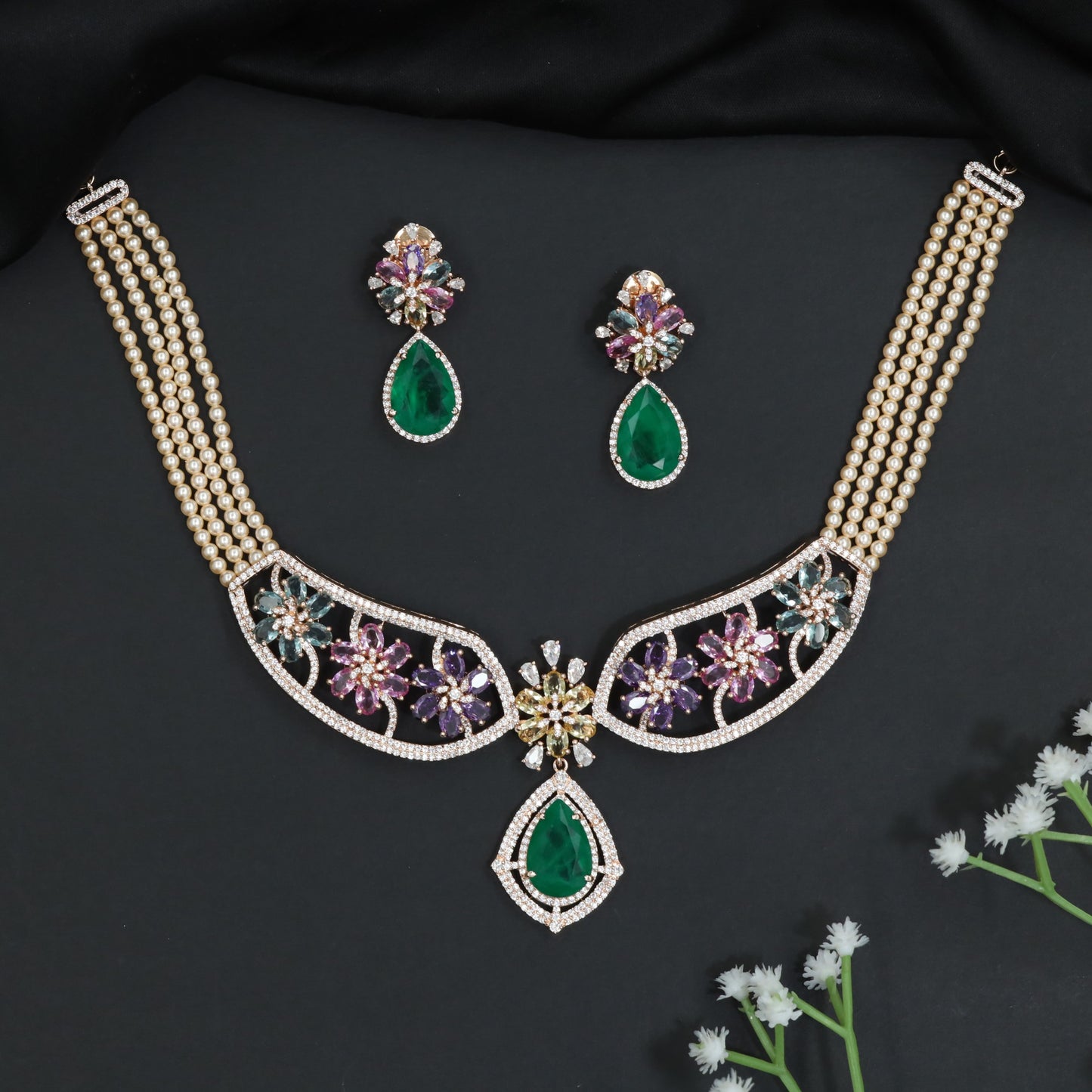 Floral Garden Rhodium Choker Set with Pear Drop Pendant