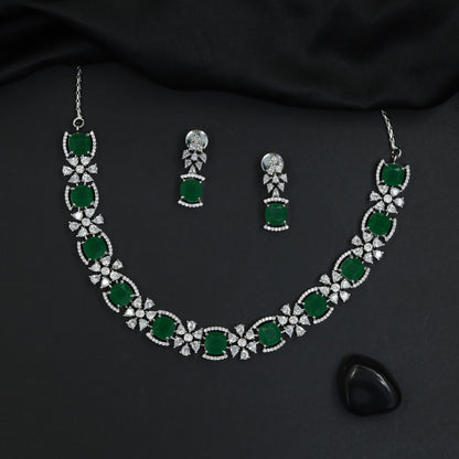 Rosette link rhodium necklace set with coordinated drop earrings