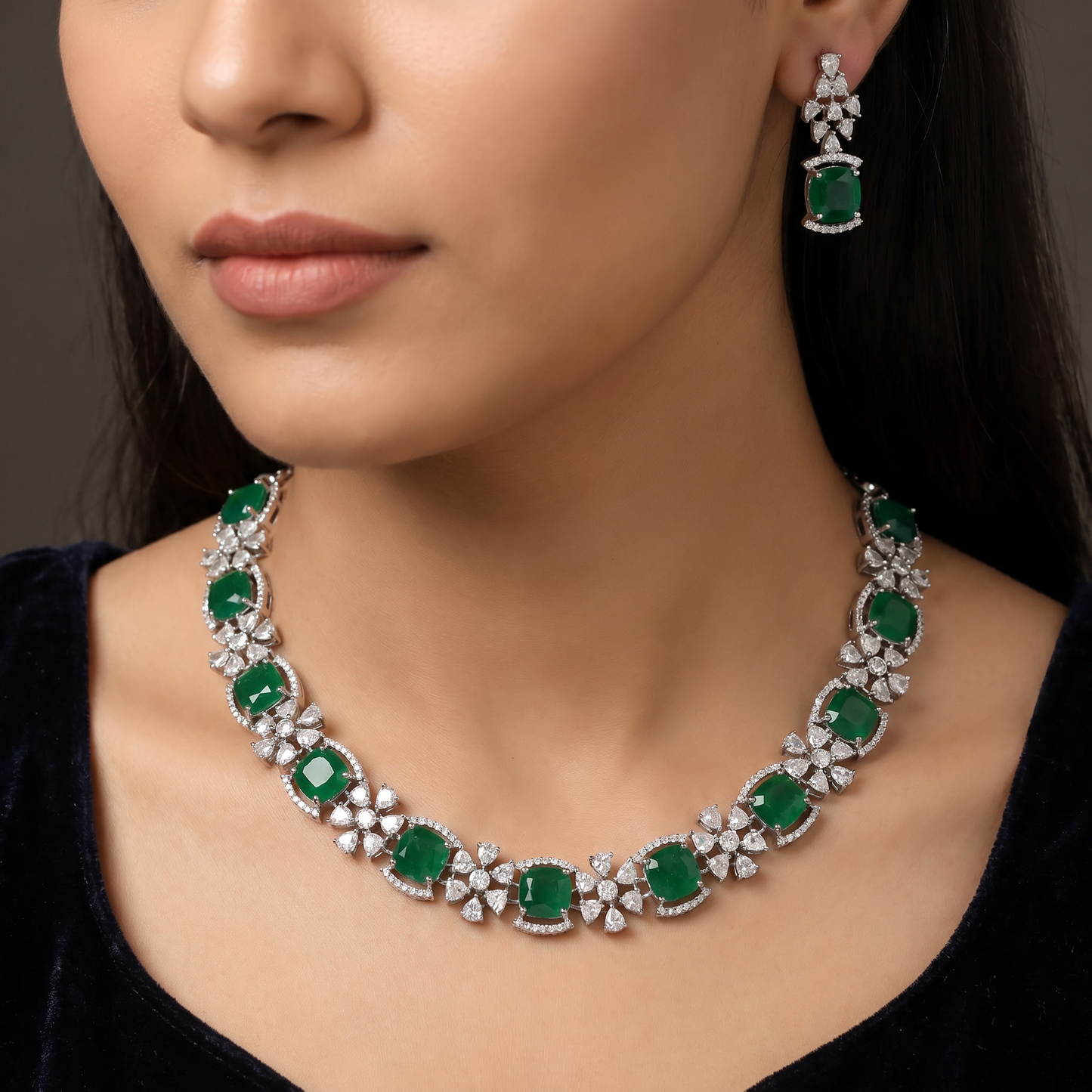 Rosette link rhodium necklace set with coordinated drop earrings