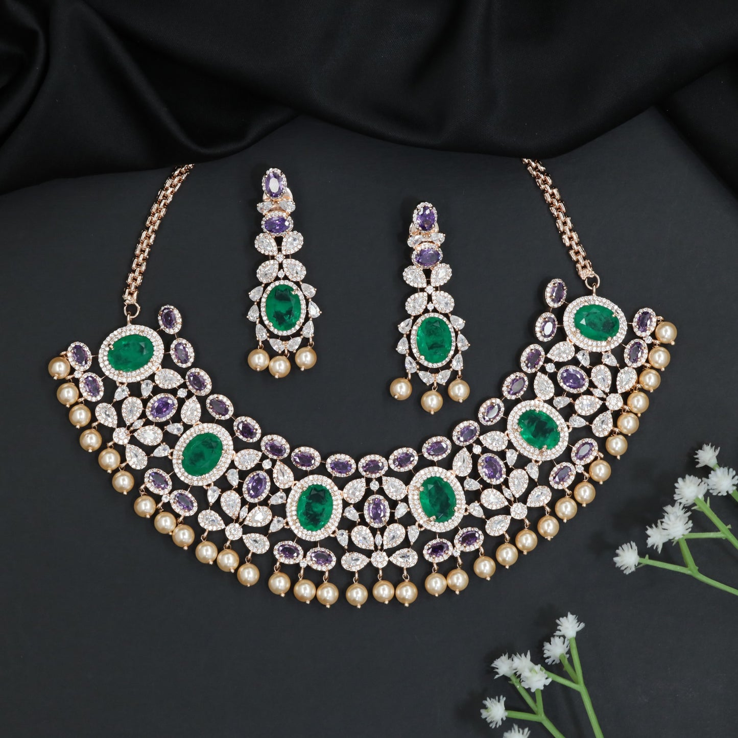 Royal Rose Gold Crystal Choker Set with Pearl Drop Accents