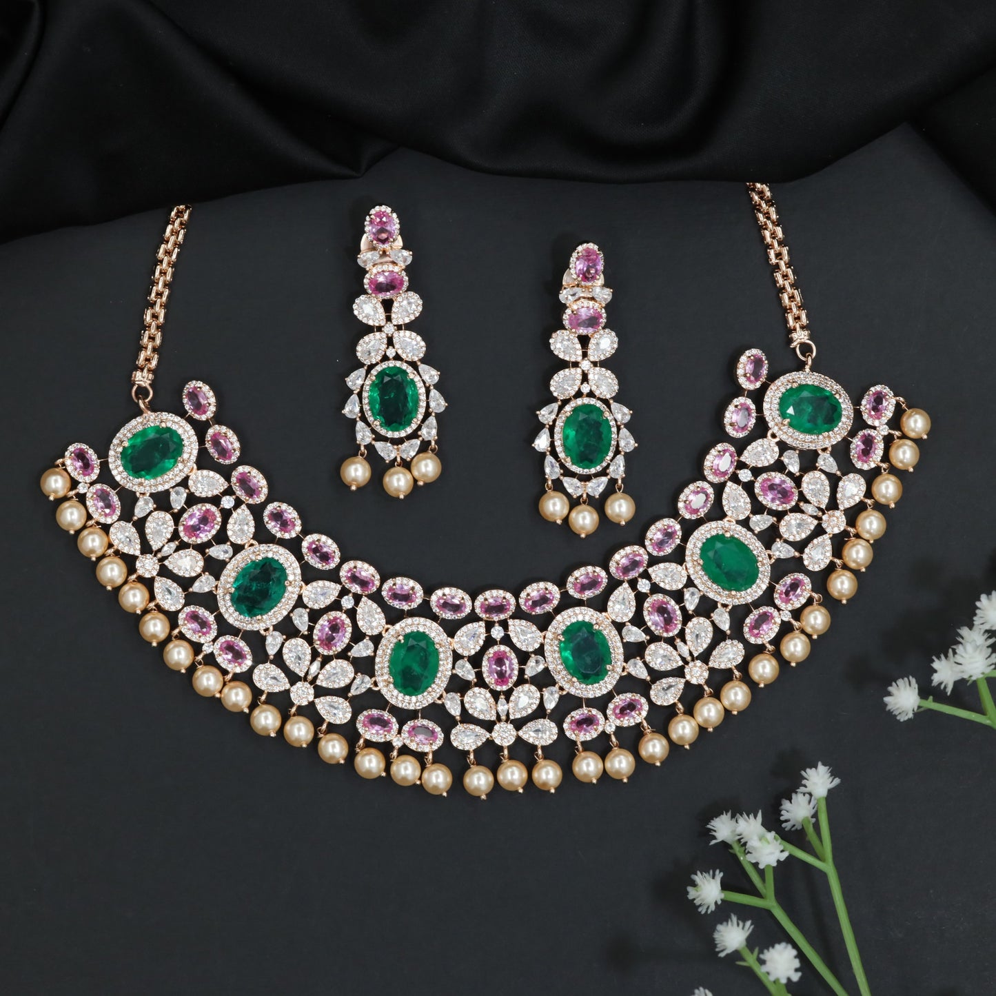 Royal Rose Gold Crystal Choker Set with Pearl Drop Accents