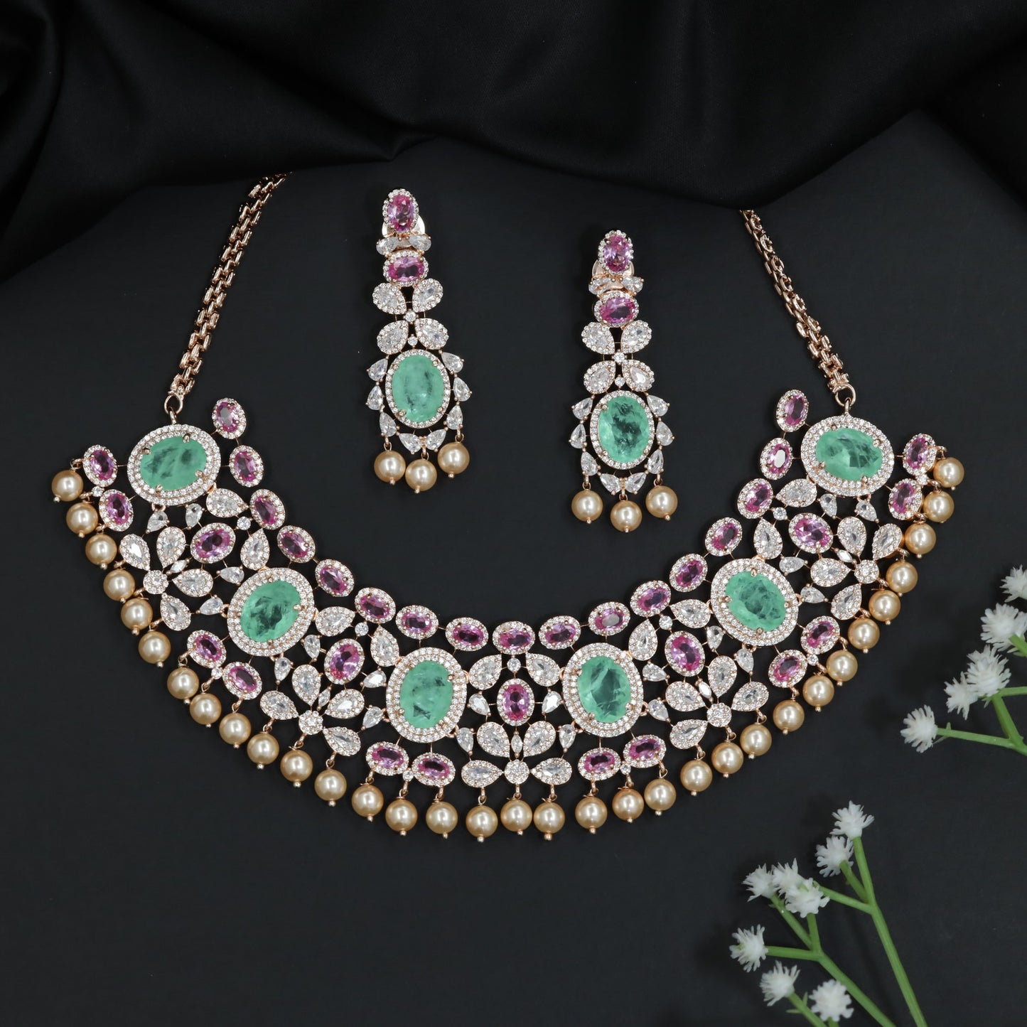 Royal Rose Gold Crystal Choker Set with Pearl Drop Accents