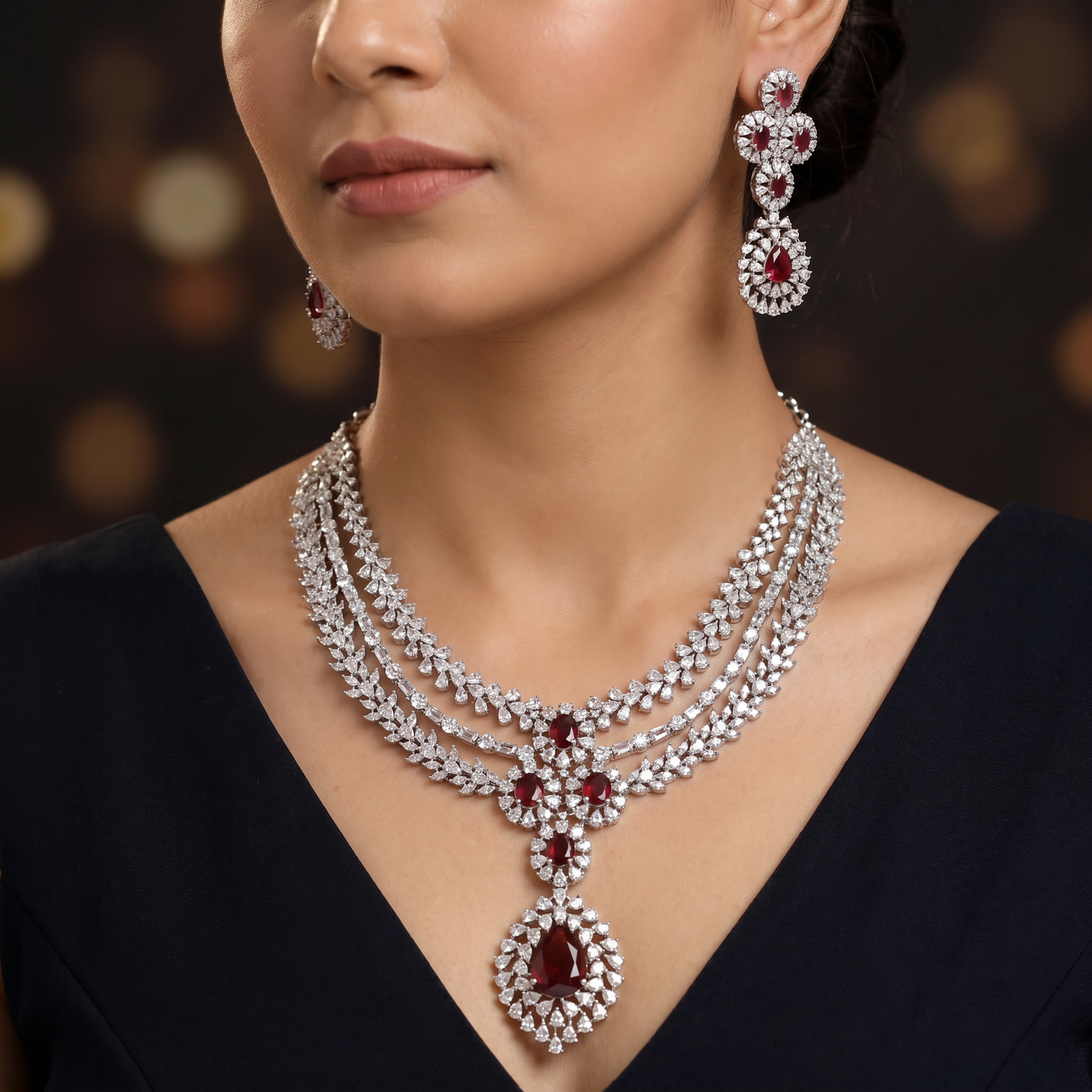 Luxe craftsmanship rhodium necklace set with layered strand formation