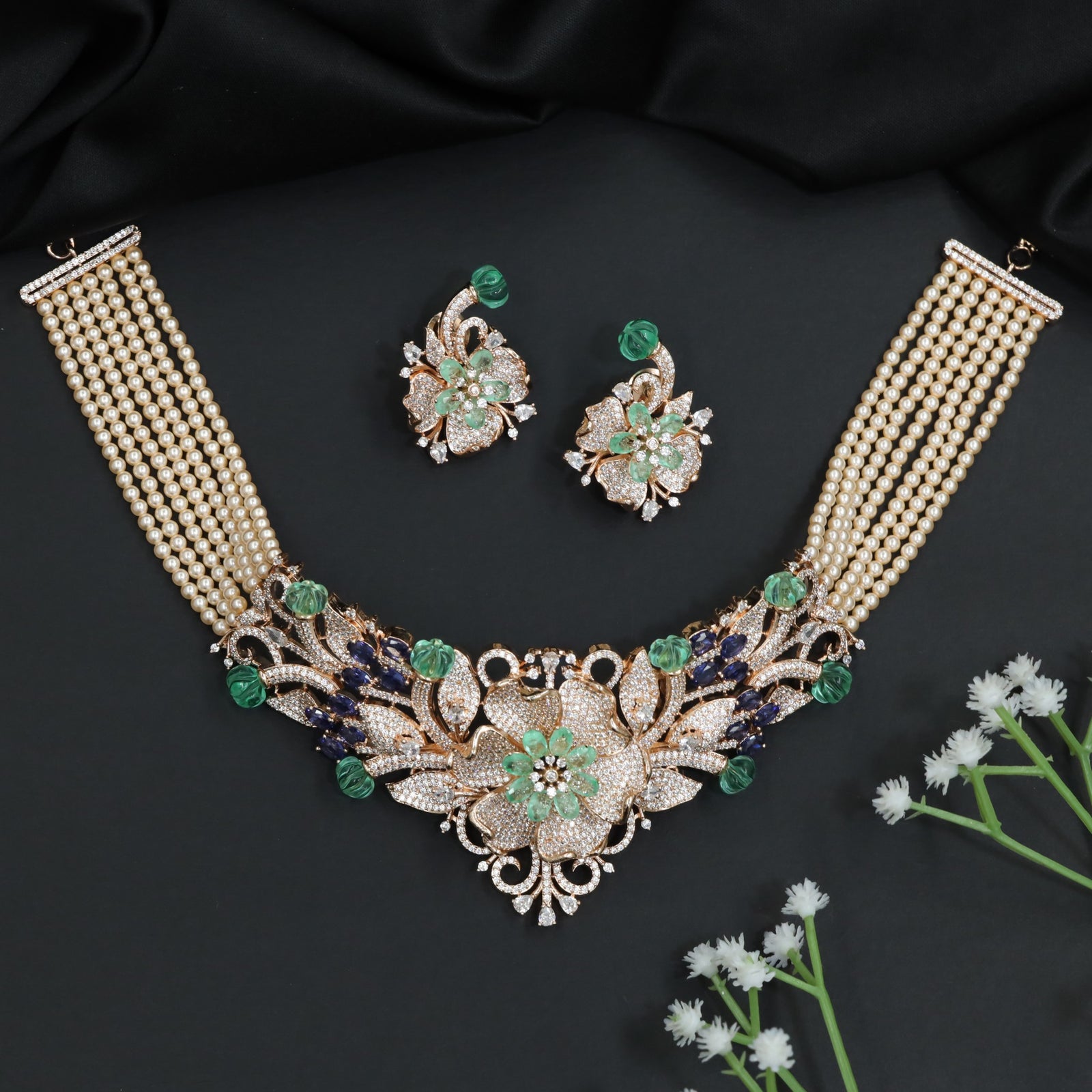 Floral Pearl Rose Gold Crystal Choker Set with Ornamental Scrollwork