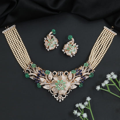 Floral Pearl Rose Gold Crystal Choker Set with Ornamental Scrollwork