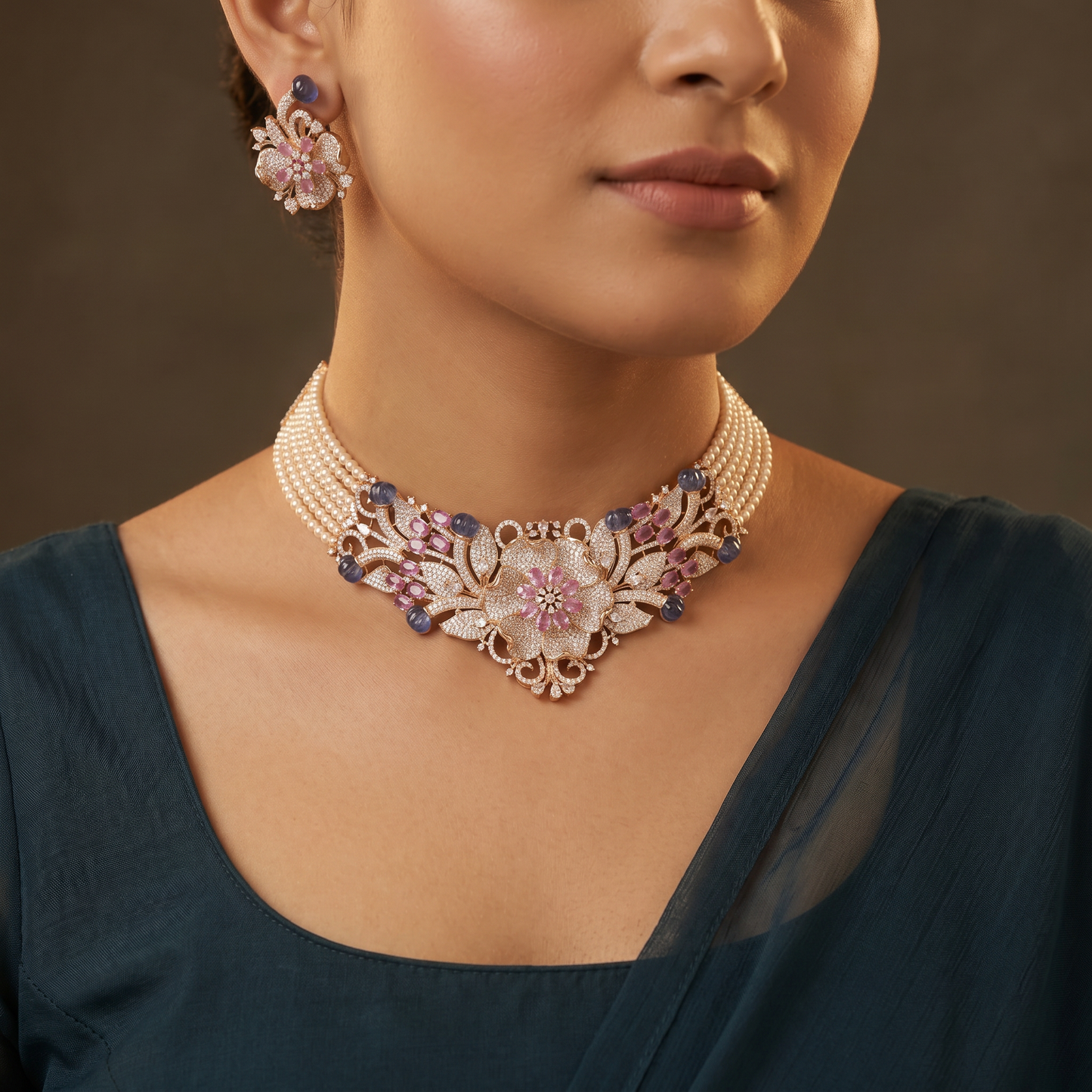 Floral Pearl Rose Gold Crystal Choker Set with Ornamental Scrollwork