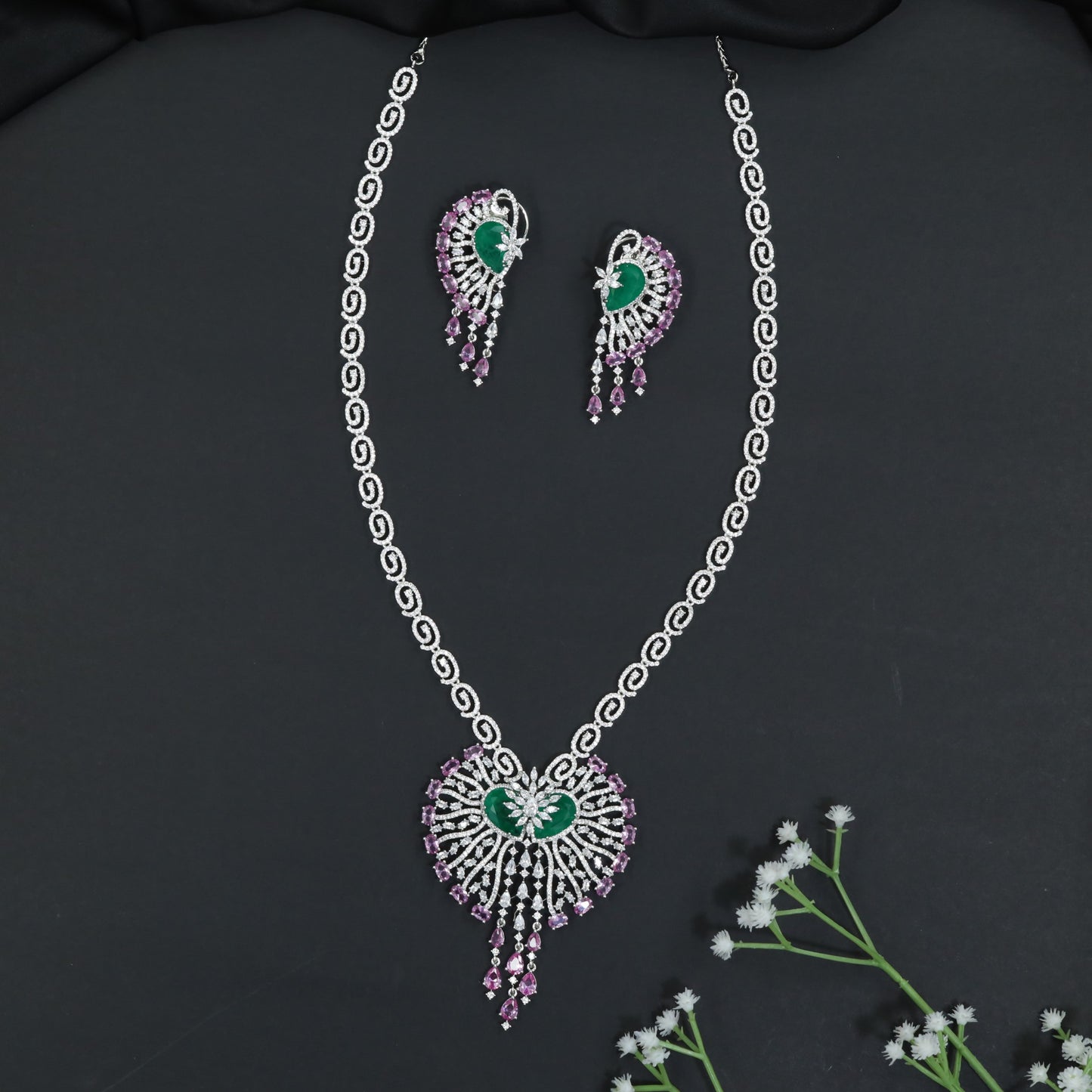 Ornamental Paisley Rhodium Long Haara Set with Statement Pendant