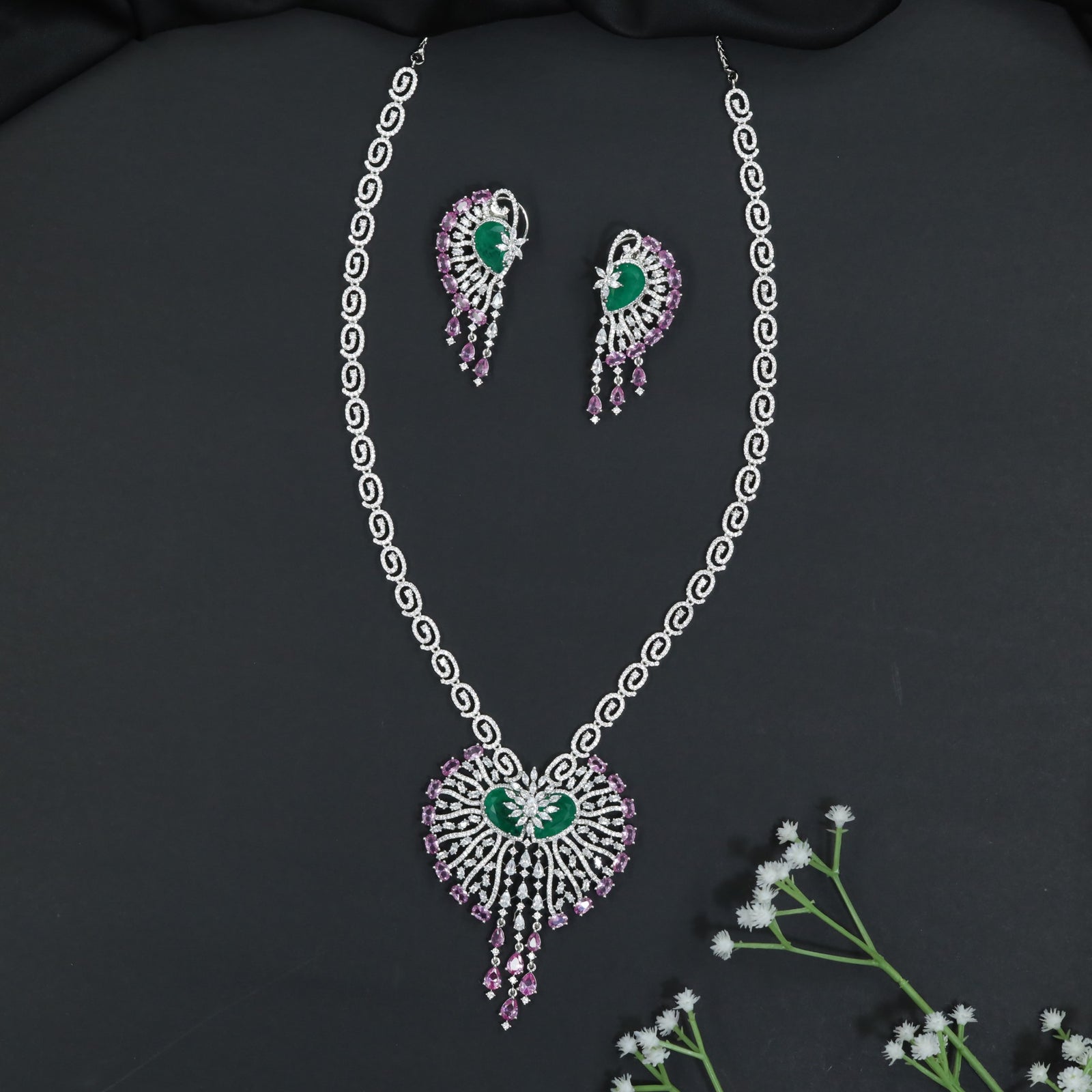 Ornamental Paisley Rhodium Long Haara Set with Statement Pendant