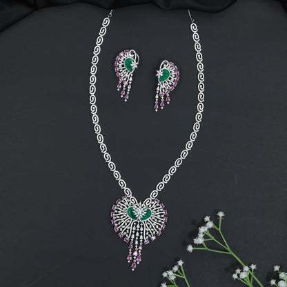 Ornamental Paisley Rhodium Long Haara Set with Statement Pendant