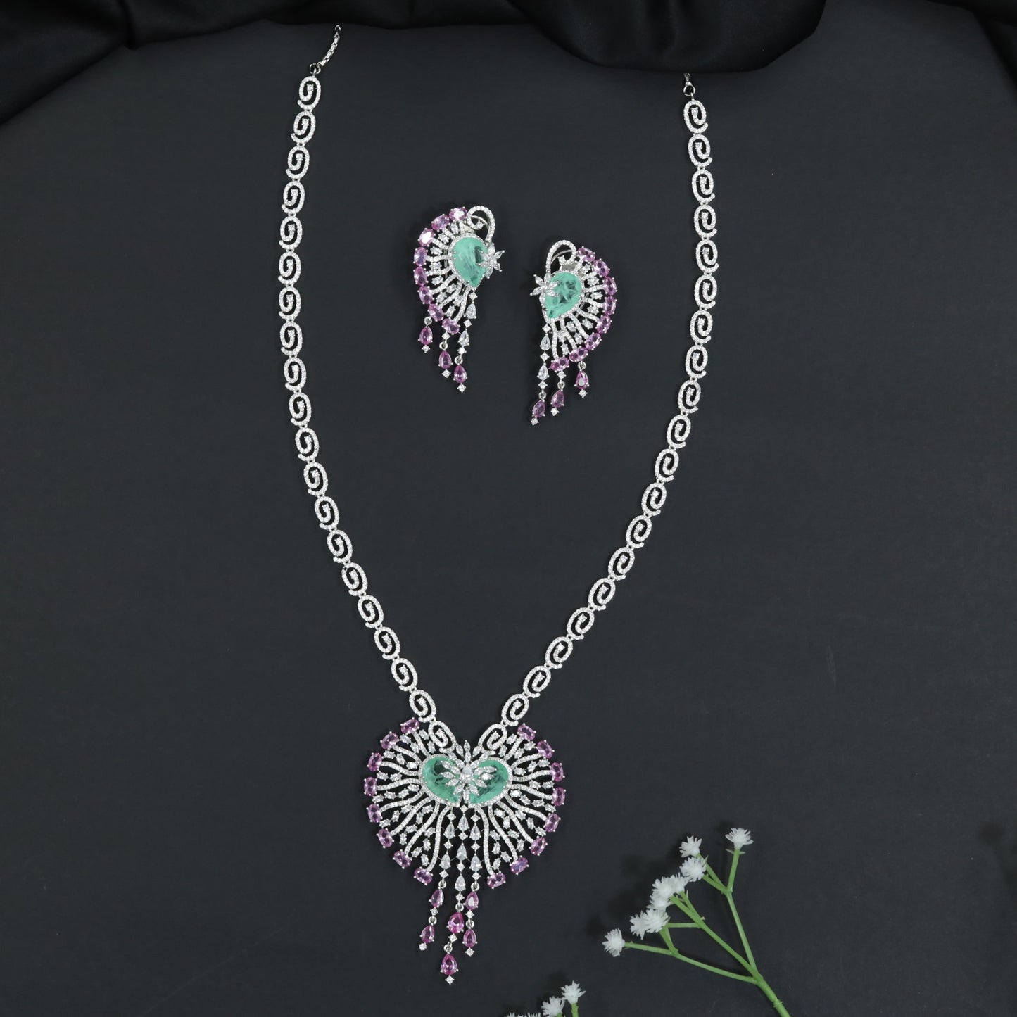 Ornamental Paisley Rhodium Long Haara Set with Statement Pendant