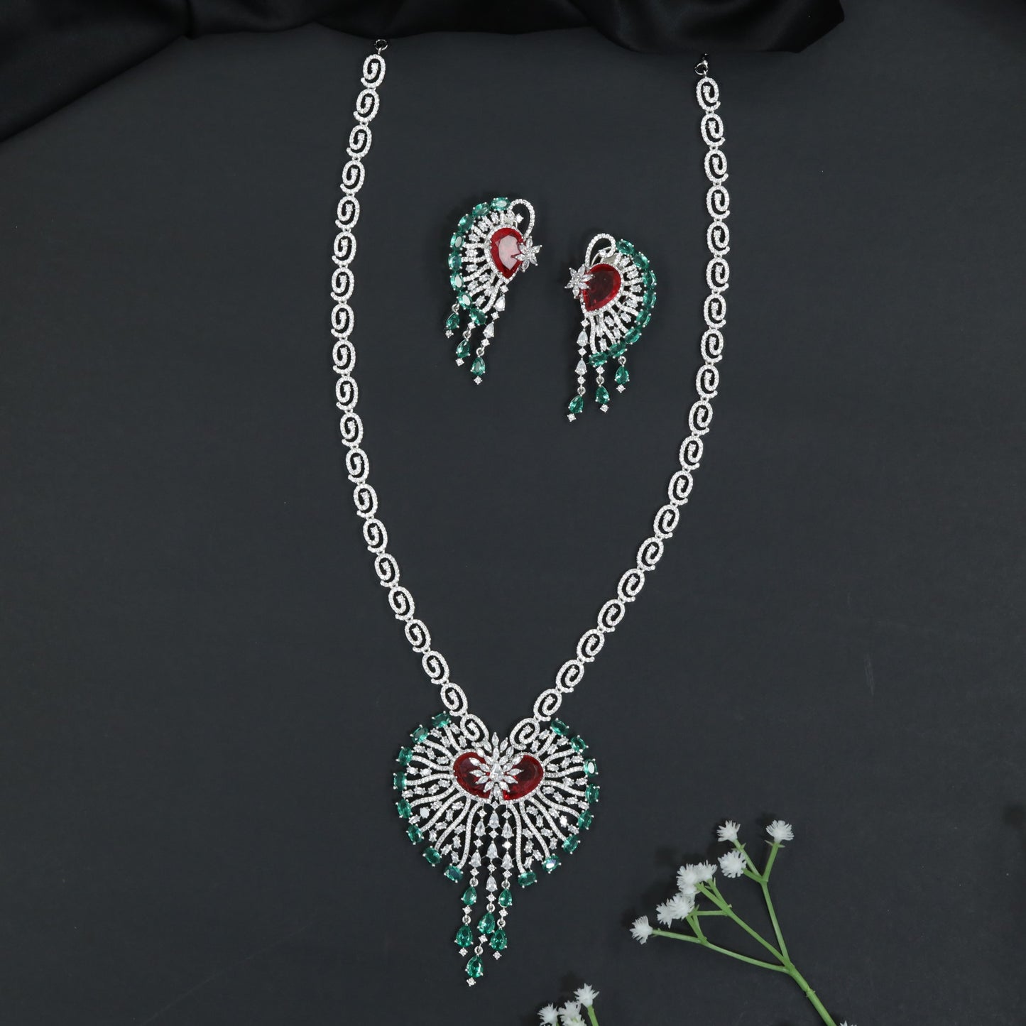 Ornamental Paisley Rhodium Long Haara Set with Statement Pendant