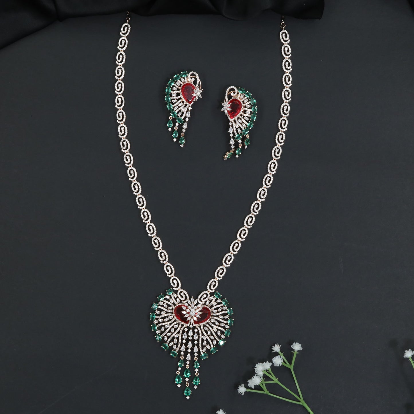Ornamental Paisley Rhodium Long Haara Set with Statement Pendant