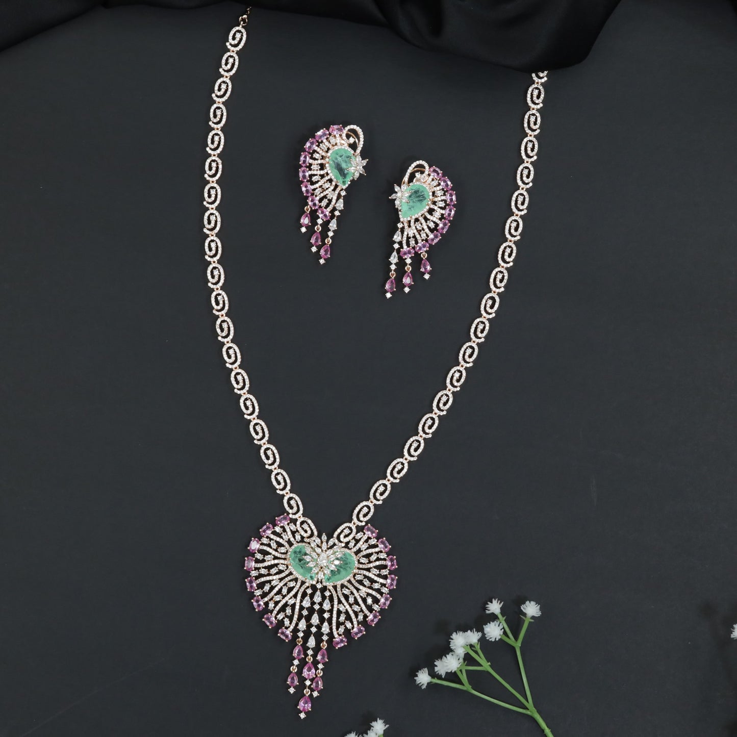 Ornamental Paisley Rhodium Long Haara Set with Statement Pendant