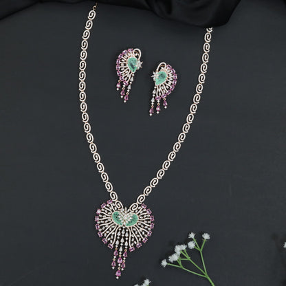 Ornamental Paisley Rhodium Long Haara Set with Statement Pendant