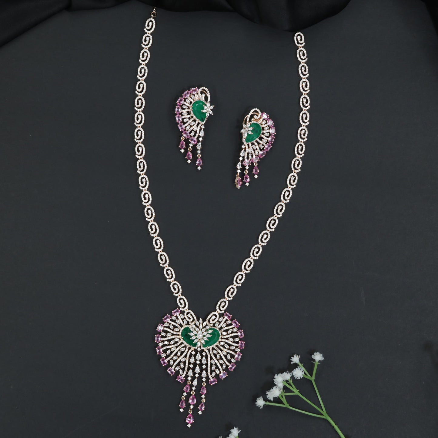 Ornamental Paisley Rhodium Long Haara Set with Statement Pendant