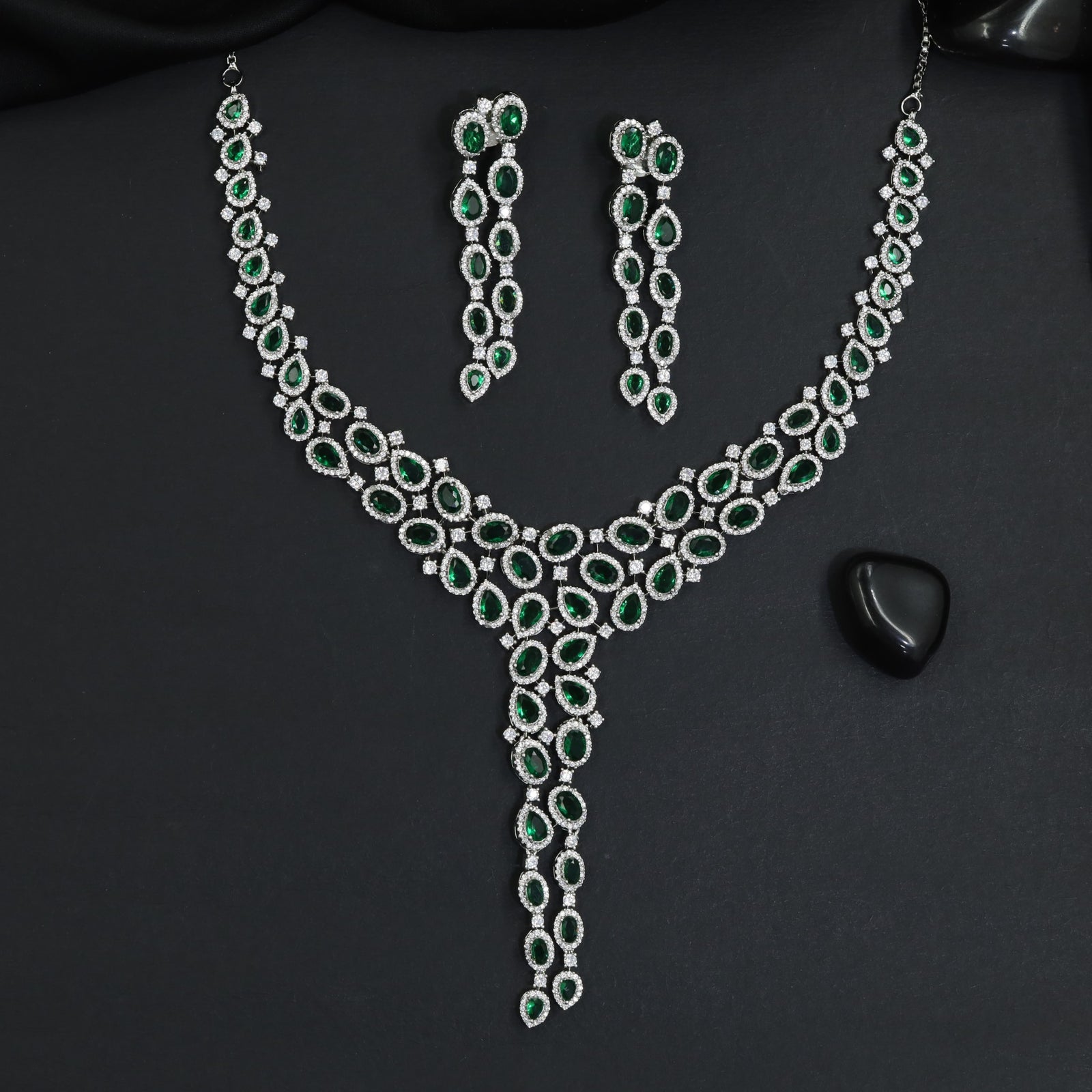 Prestige collection rhodium necklace set with orbital station arrangement