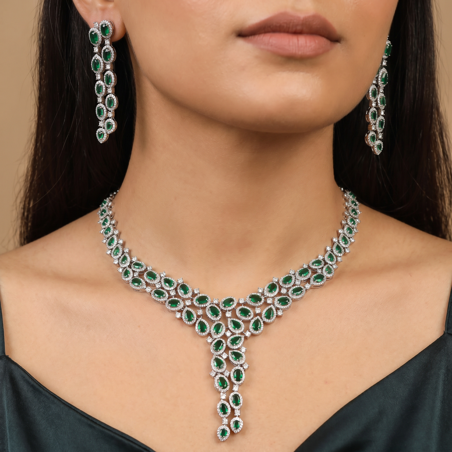 Prestige collection rhodium necklace set with orbital station arrangement