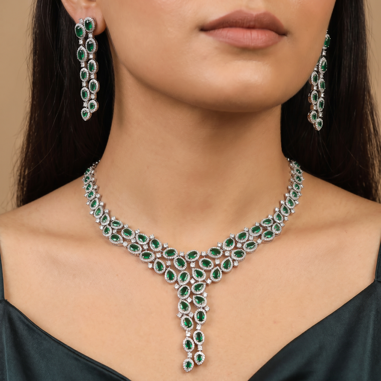 Prestige collection rhodium necklace set with orbital station arrangement