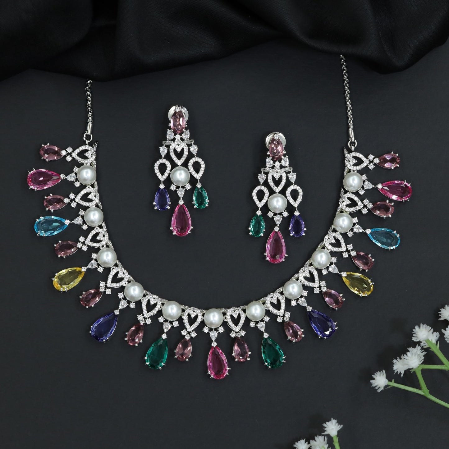 Pearl Accent Rhodium Necklace Set with Layered Drop Design