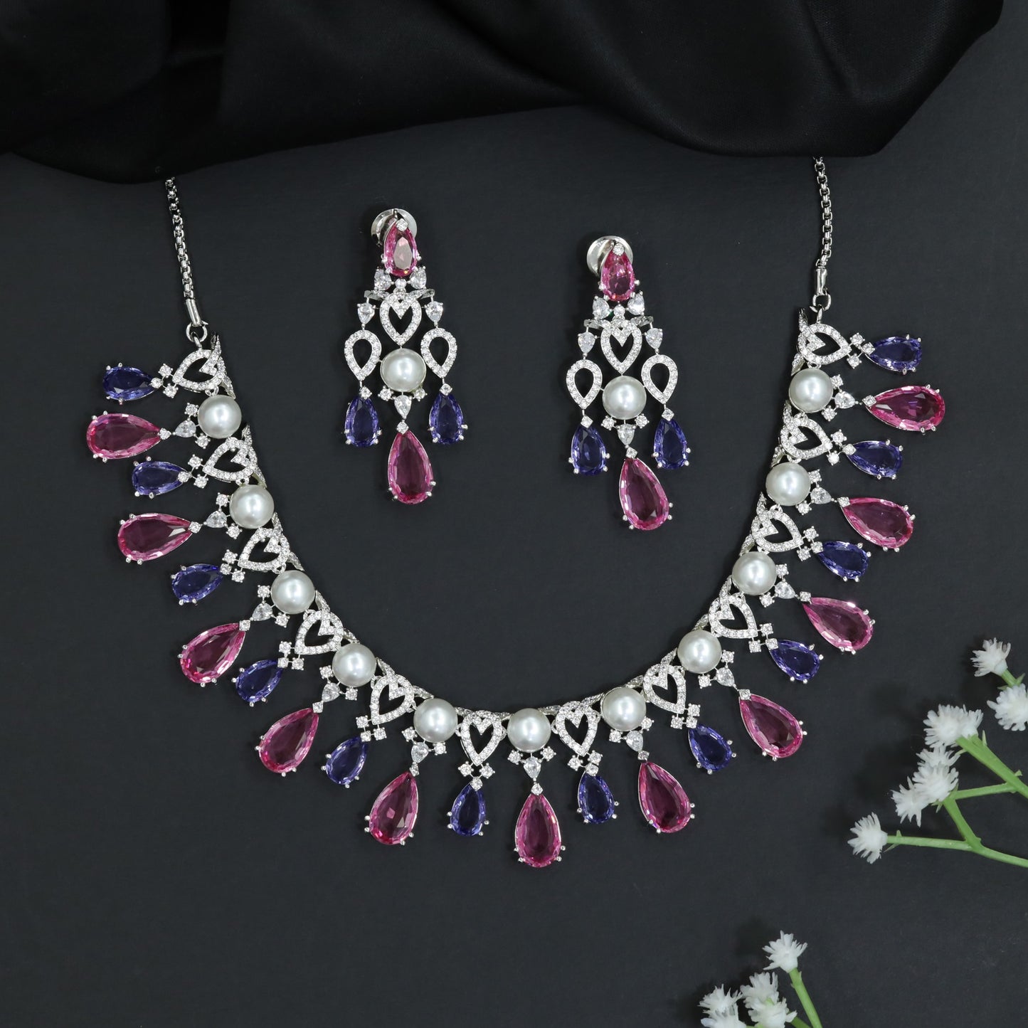 Pearl Accent Rhodium Necklace Set with Layered Drop Design