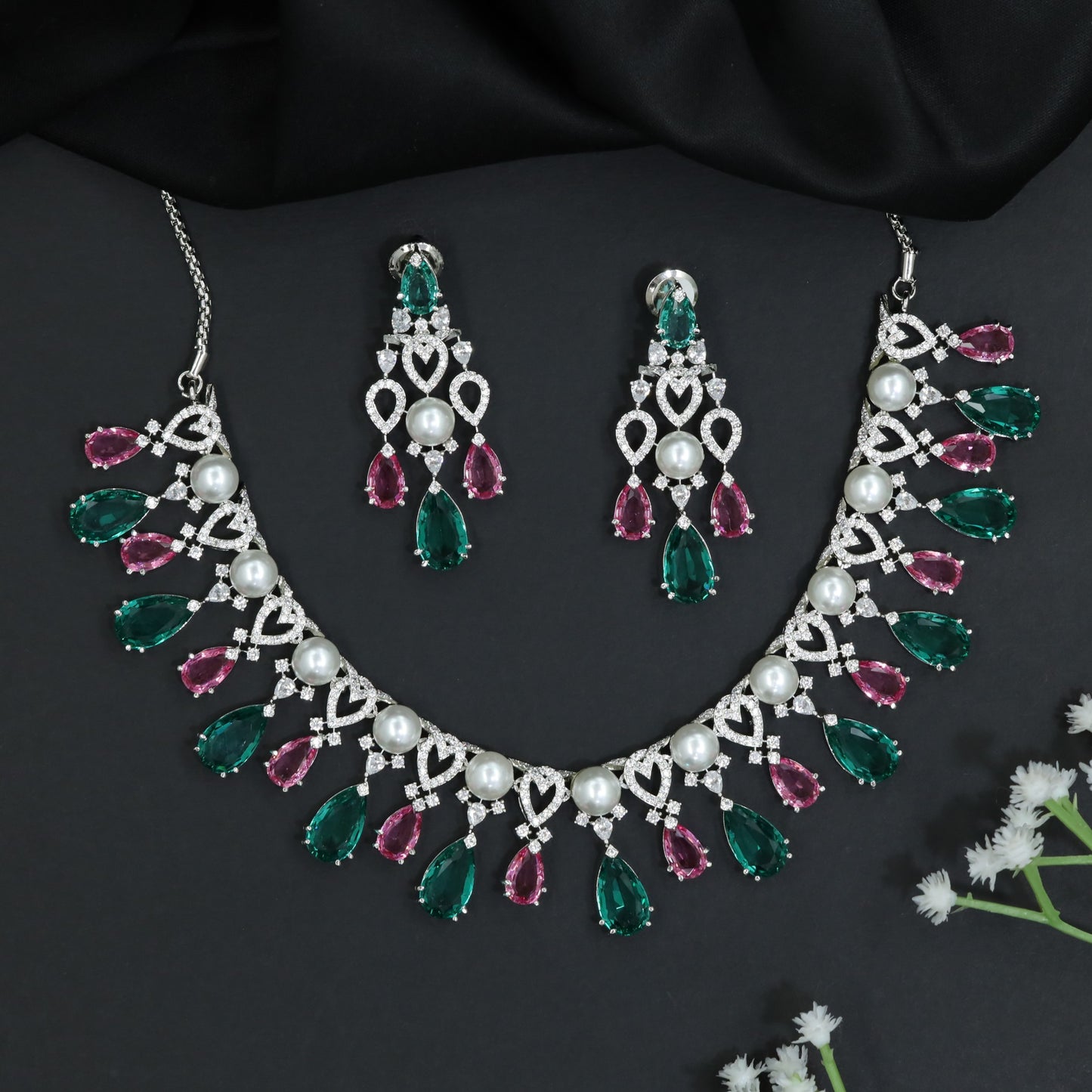 Pearl Accent Rhodium Necklace Set with Layered Drop Design