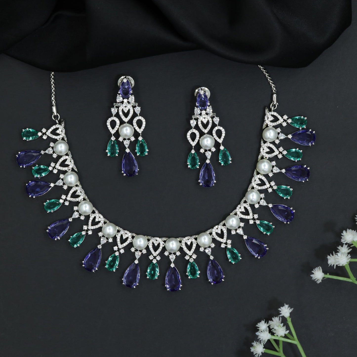 Pearl Accent Rhodium Necklace Set with Layered Drop Design