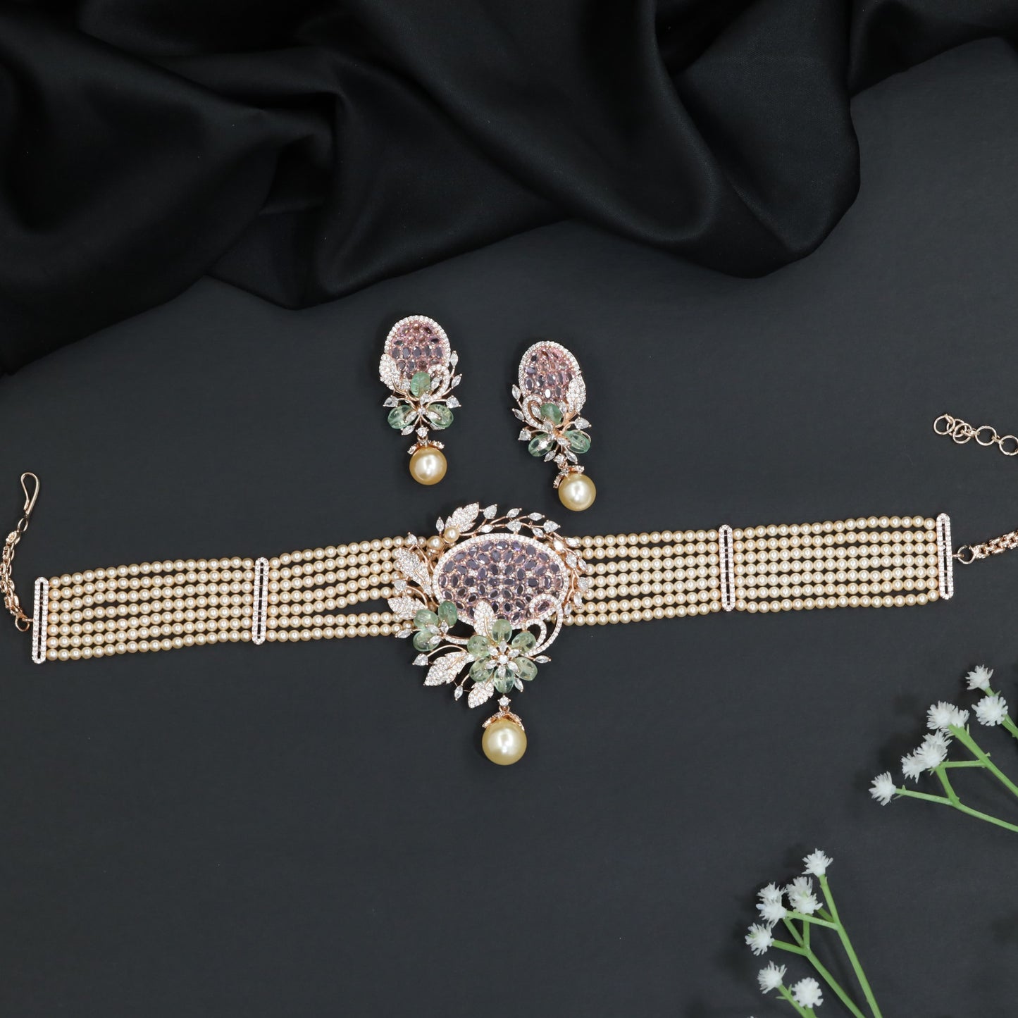 Festive Rose Gold Crystal Choker Set with Pearl Fringe Detail