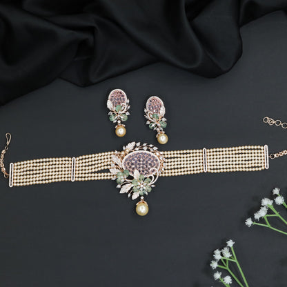 Festive Rose Gold Crystal Choker Set with Pearl Fringe Detail