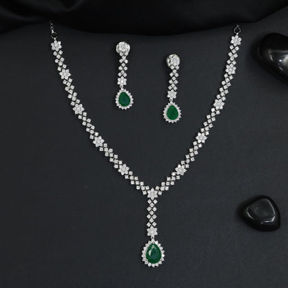 Y-drop rhodium necklace set with pendant frame centerpiece