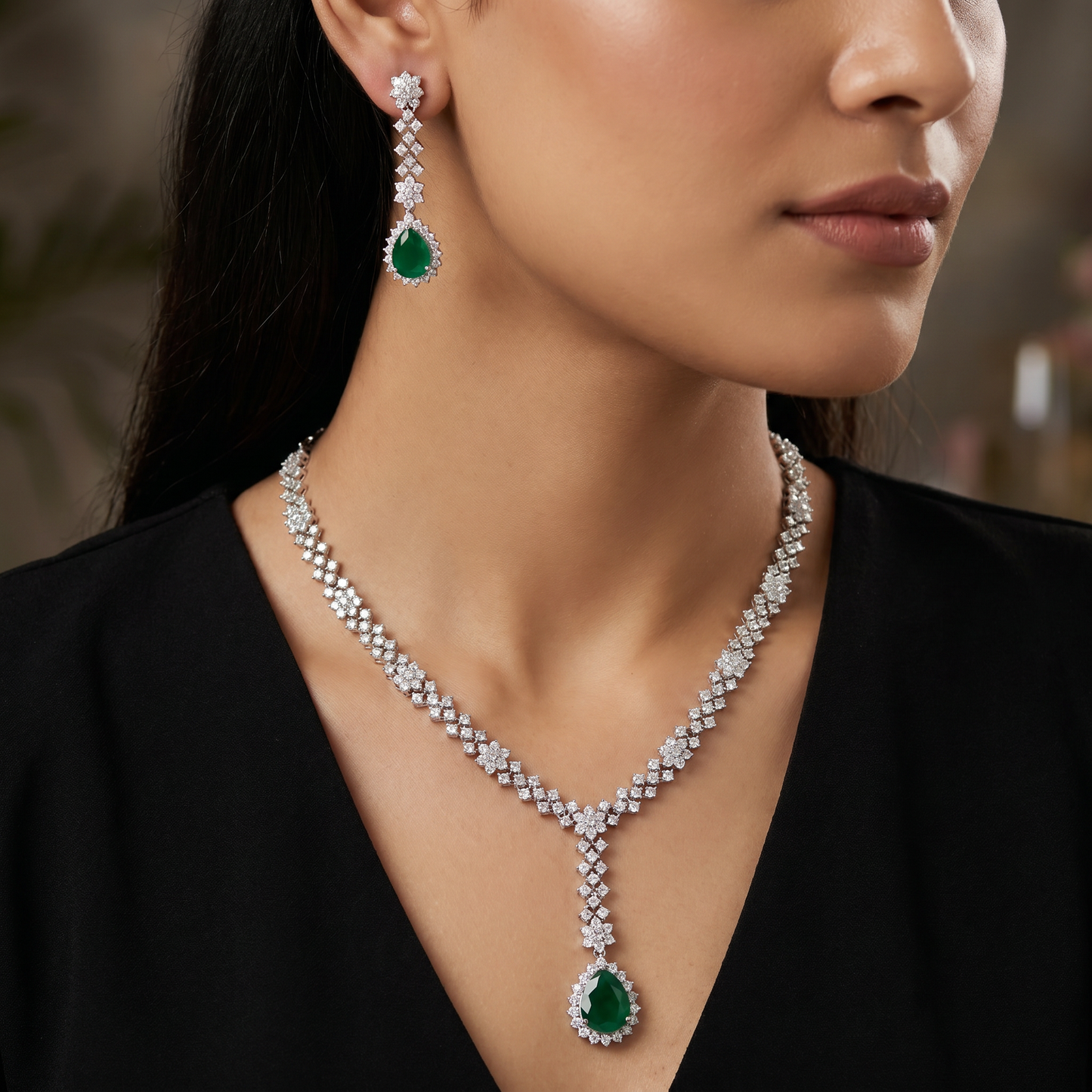 Y-drop rhodium necklace set with pendant frame centerpiece