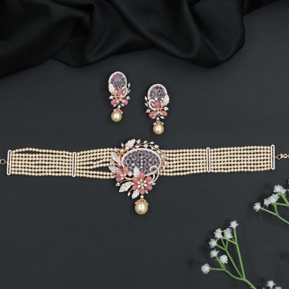 Festive Rose Gold Crystal Choker Set with Pearl Fringe Detail