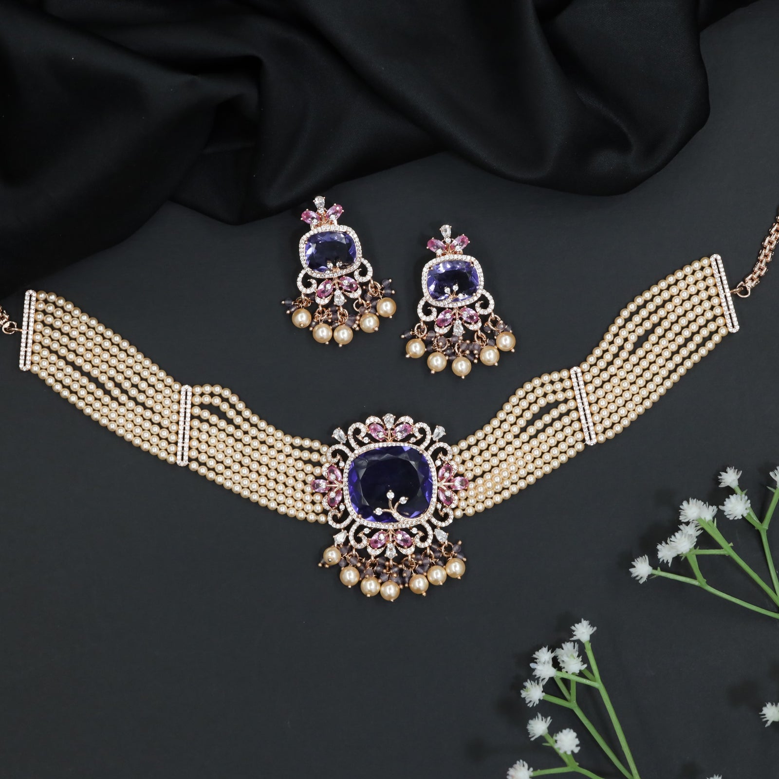 Grand Pearl Rose Gold Crystal Choker Set with Decorative Fringe Detailing