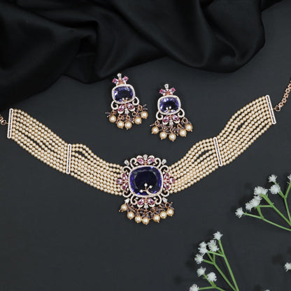 Grand Pearl Rose Gold Crystal Choker Set with Decorative Fringe Detailing