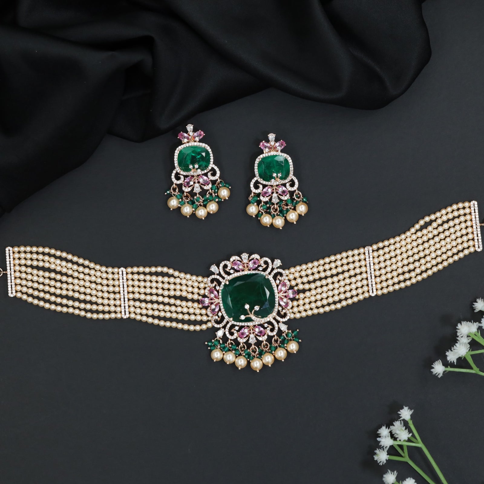 Grand Pearl Rose Gold Crystal Choker Set with Decorative Fringe Detailing