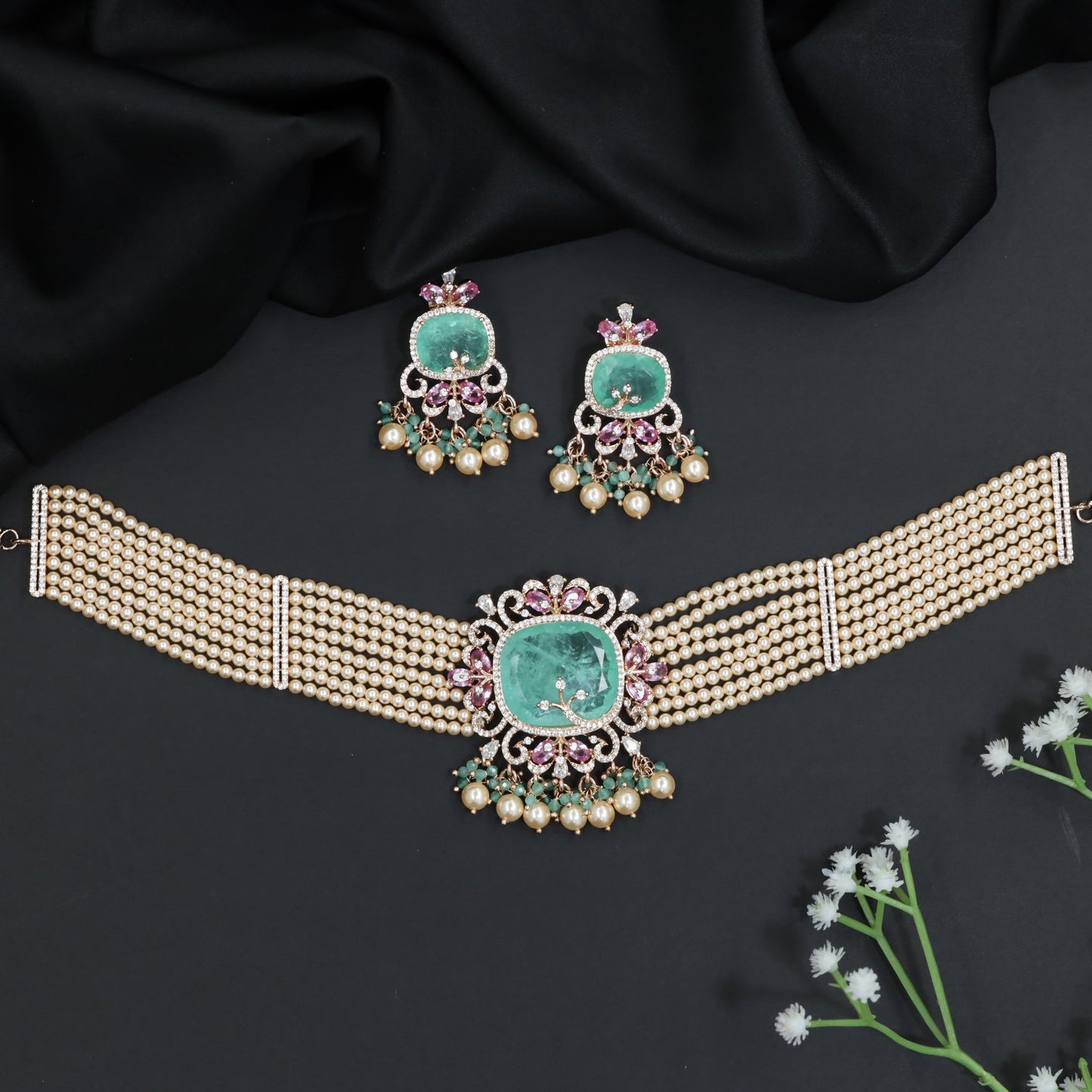 Grand Pearl Rose Gold Crystal Choker Set with Decorative Fringe Detailing