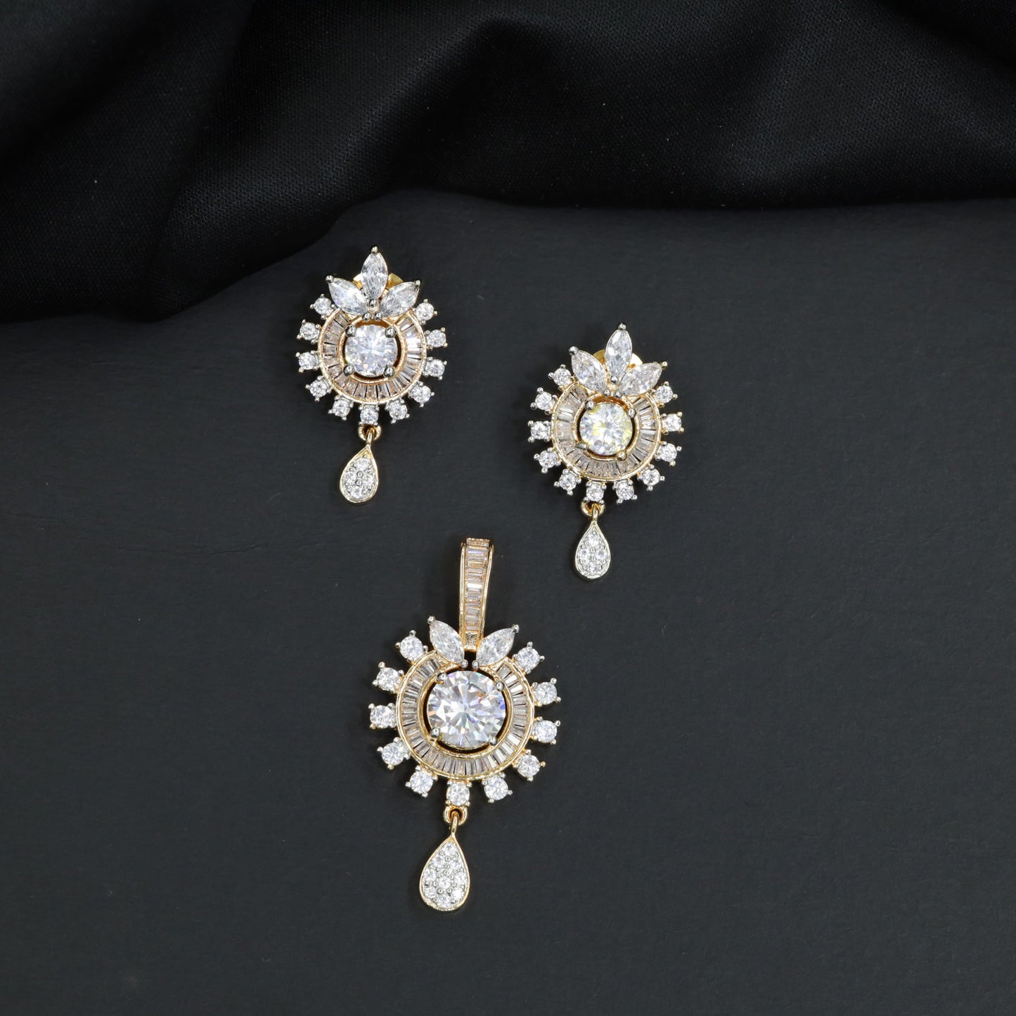Designer Pendant Set with Floral Center and Drop Accent