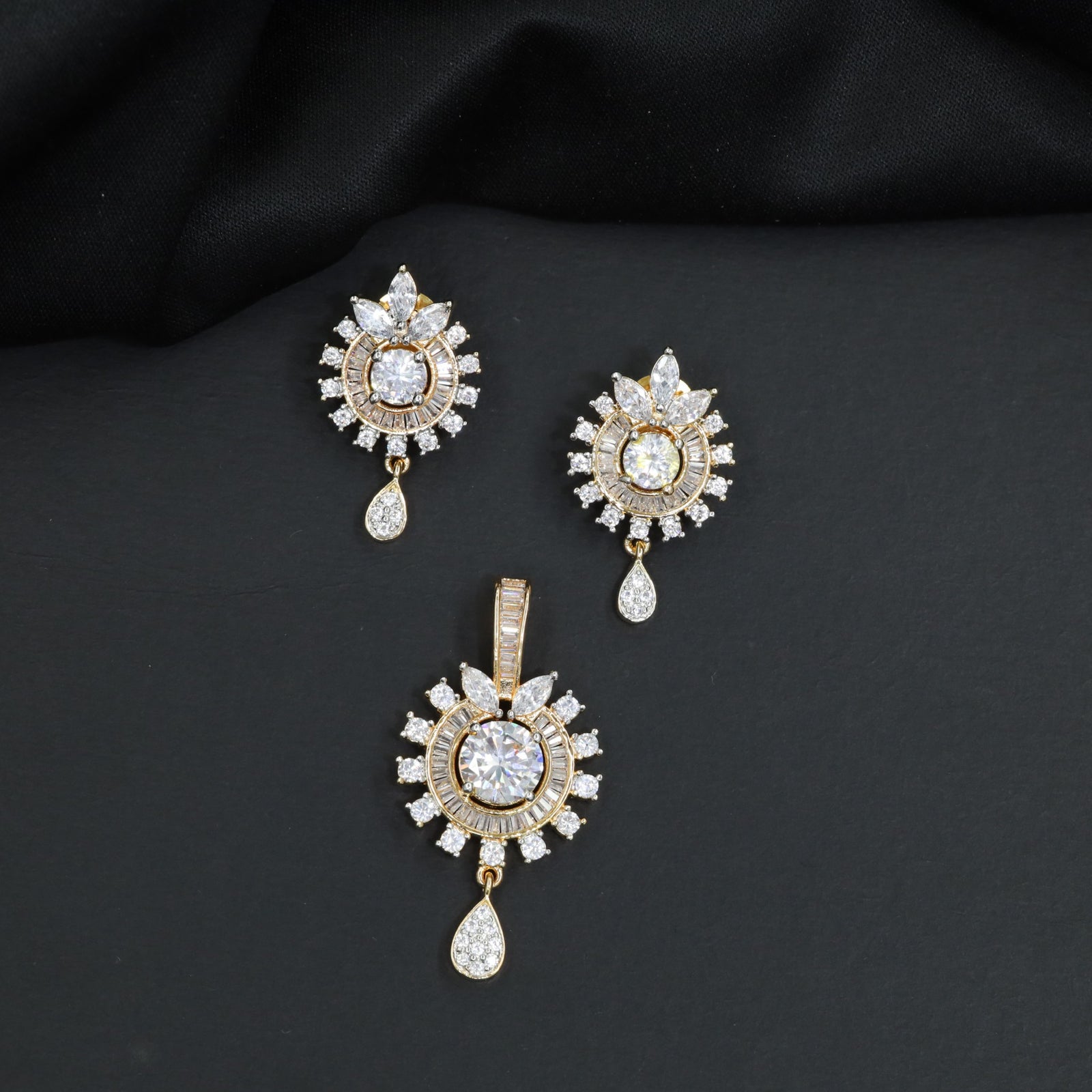 Designer Pendant Set with Floral Center and Drop Accent