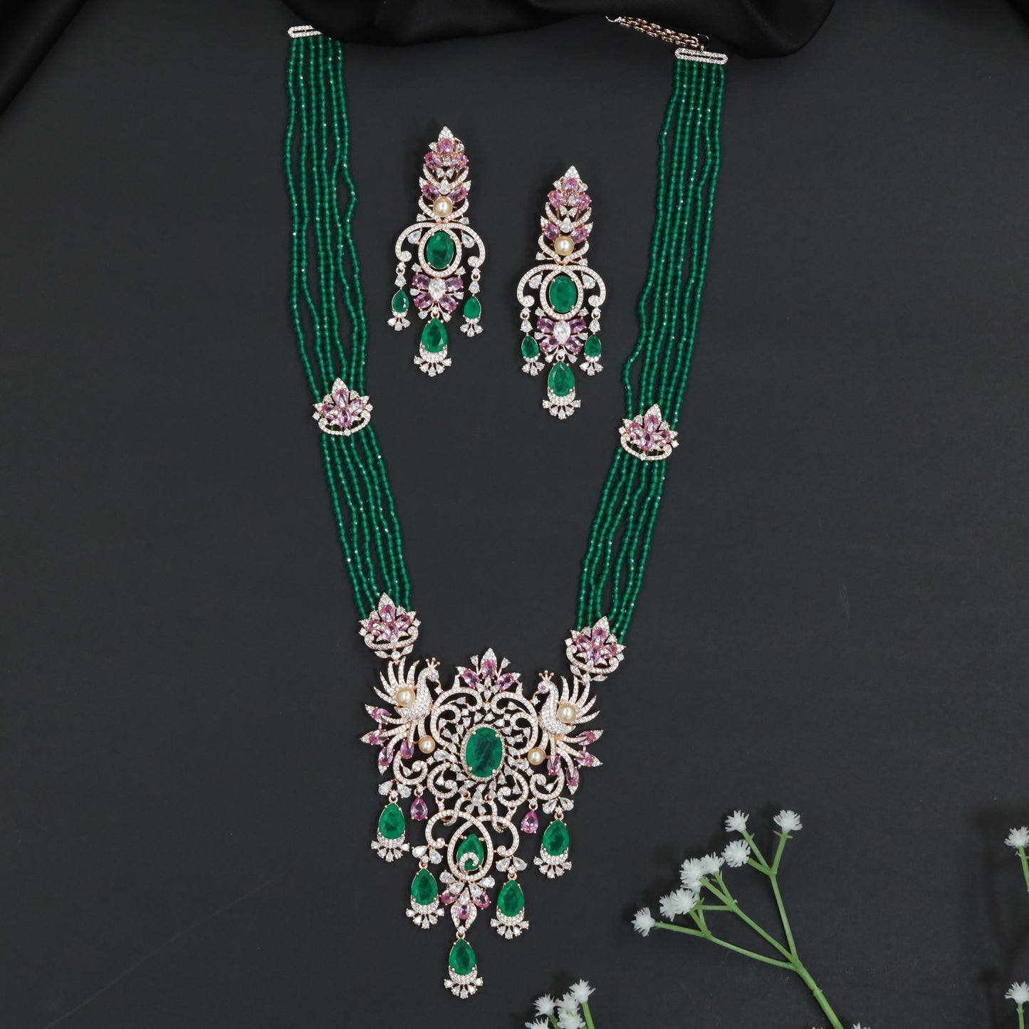 Traditional Crystal Rose Gold Beads Necklace Set with Floral Scrollwork