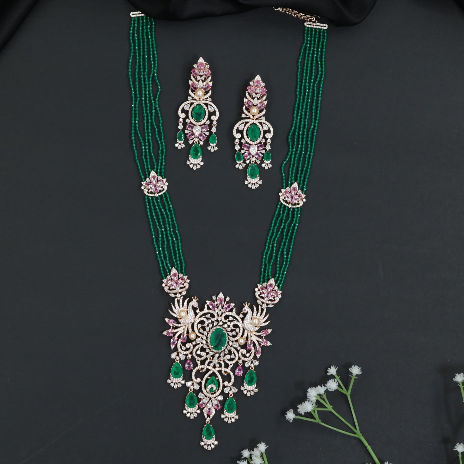 Traditional Crystal Rose Gold Beads Necklace Set with Floral Scrollwork
