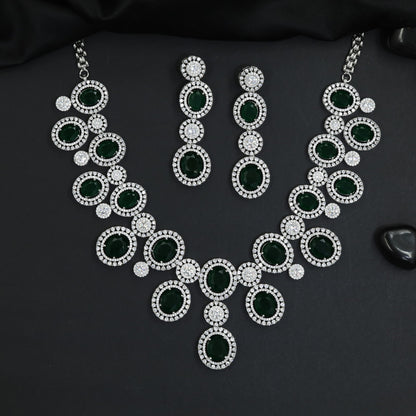 Contemporary icon rhodium necklace set with sculptural circle stations