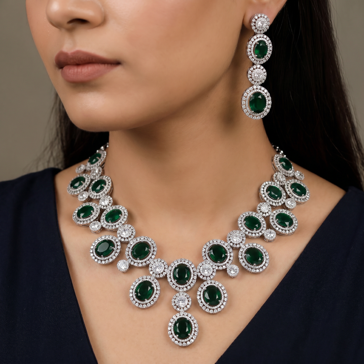 Contemporary icon rhodium necklace set with sculptural circle stations